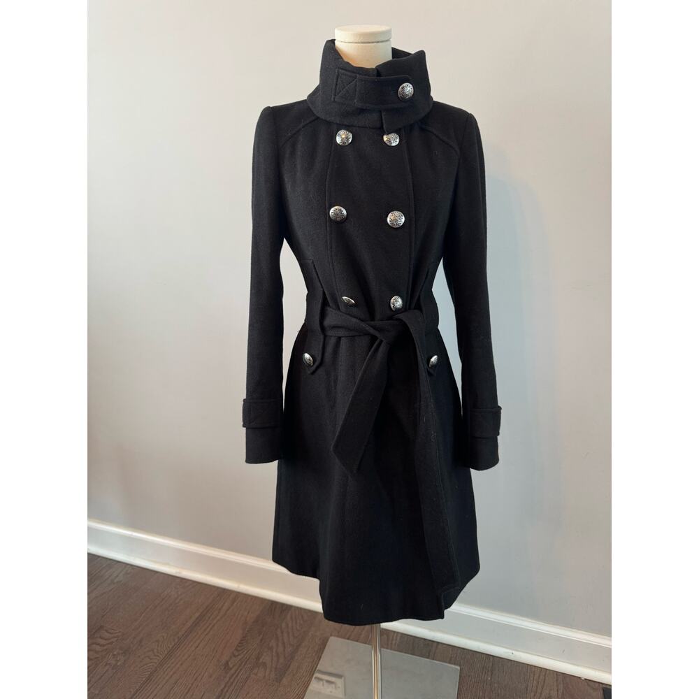 Tahari Italian Wool Long Coat, Double Breasted with Belt & Funnel Neck Military